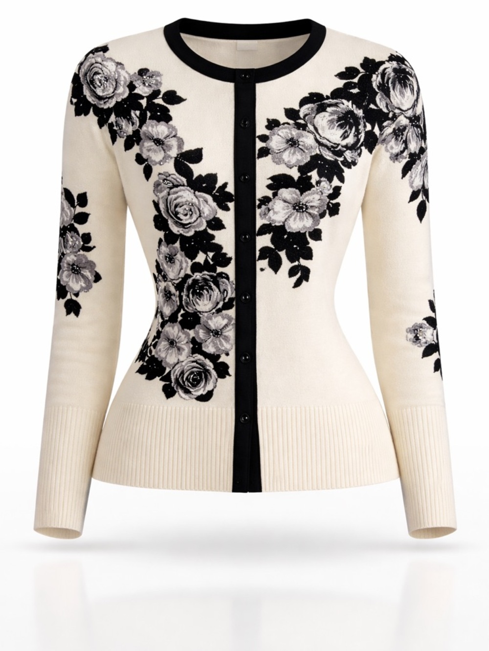 White House Black Market Floral Cardigan Size S Black Ivory Snap
